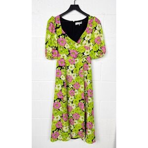 WAYF Floral Puff Sleeve Midi Dress Women XS Pink Green Black Vintage‎ Style
